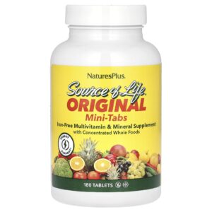 NaturesPlus Source of Life Minicomprimidos Originais Suplemento Multivitamínico e Mineral com Alimentos Integrais Concentrados Sem Ferro 180 Comprimidos