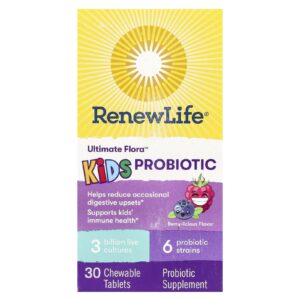 Renew Life Ultimate Flora Kids Probiotic Berry-licious 3 Bilhões de Culturas Vivas 30 Comprimidos Mastigáveis