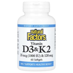 Natural Factors Vitamina D3 e K2 25 mcg (1.000 UI) e 120 mcg 60 Cápsulas Softgel