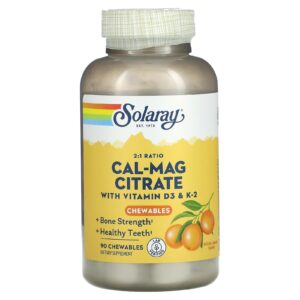 Solaray Citrato de Cal-Mag com Vitaminas D3 e K2 Sabor Natural de Laranja 90 Mastigáveis