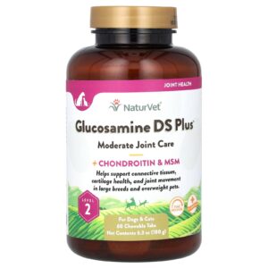 NaturVet Glicosamina DS Plus Cuidado Moderado com as Articulações + Condroitina e MSM Para Cães e Gatos Nível 2 60 Comprimidos Mastigáveis 180 g (63 oz)