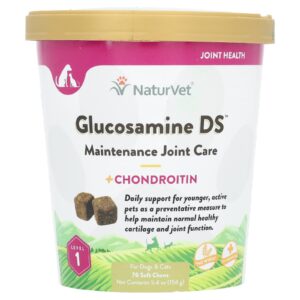 NaturVet Glicosamina DS Manutenção e Cuidados com as Articulações + Condroitina Para Cães e Gatos Nível 1 70 Cápsulas Mastigáveis 154 g (54 oz)