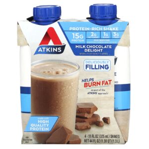 Atkins Shake Rico em Proteínas Delícia de Chocolate ao Leite 4 Shakes 325 ml (11 fl oz) Cada