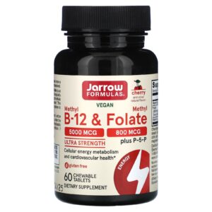 Jarrow Formulas Metil B-12 e Metilfolato Vegano Ultrapotência Cereja 60 Comprimidos Mastigáveis