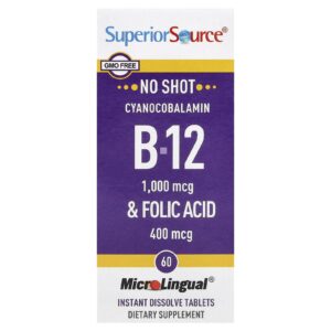 Superior Source Cianocobalamina B-12 e Ácido Fólico 60 Comprimidos MicroLingual de Dissolução Instantânea