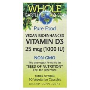 Natural Factors Whole Earth & Sea Vitamina D3 Vegana Biorreforçada 25 mcg (1.000 UI) 90 Cápsulas Vegetarianas