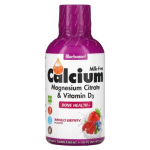 Bluebonnet Nutrition Cálcio Líquido Citrato de Magnésio + Vitamina D3 Sabor Natural de Frutas Vermelhas 16 fl. oz. (472 ml)