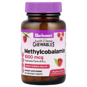 Bluebonnet Nutrition EarthSweet Mastigáveis Metilcobalamina Sabor Natural de Framboesa 1.000 mcg 60 Comprimidos Mastigáveis