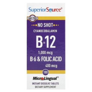 Superior Source Cianocobalamina B-12 B-6 e Ácido Fólico 100 Comprimidos MicroLingual de Dissolução Instantânea