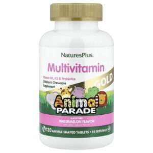 NaturesPlus Source of Life Animal Parade Gold Suplemento Multivitamínico e Mineral Infantil Mastigável Melancia 120 Comprimidos em Forma de Animal