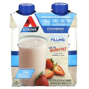 Atkins Shake Rico em Proteínas Morango 4 Shakes 325 ml (11 fl oz) Cada