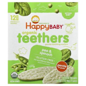 Happy Family Organics Happy Baby® Mordedores Orgânicos Wafers Macios para a Dentição Bebê que já Senta Ervilha e Espinafre 12 Embalagens 4 g (014 oz) Cada
