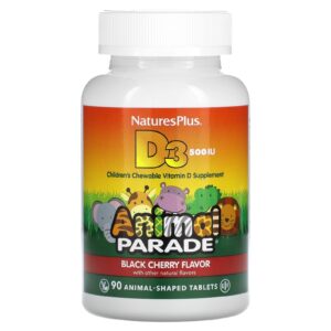 NaturesPlus Animal Parade Vitamina D3 Cereja Negra 125 mcg (500 UI) 90 Comprimidos em Formato de Animais