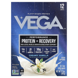 Vega Proteína à Base de Plantas Proteína para Desempenho + Recuperação Baunilha Cremosa 12 Pacotes 41 g (15 oz) Cada