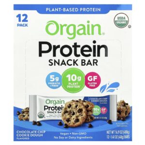 Orgain Barra para Lanche de Proteína à Base de Plantas Massa de Biscoito com Lascas de Chocolate 12 Barras 40 g (141 oz) Cada