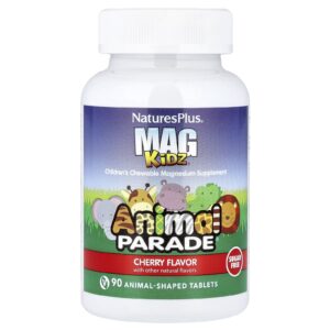 NaturesPlus MagKidz Desfile Animal Magnésio Mastigável para Crianças Cereja 90 Comprimidos em Formato de Animais (50 mg por Comprimido)