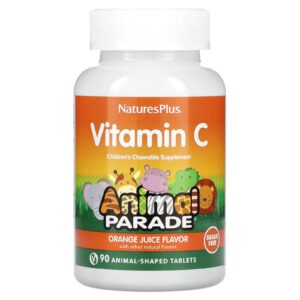 NaturesPlus Animal Parade Vitamina C Suplemento Mastigável para Crianças Sabor Suco de Laranja Sem Açúcar 90 Comprimidos em Formato de Animais