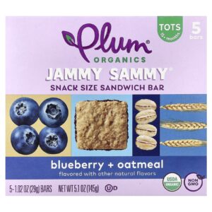 Plum Organics Jammy Sammy® Barra de sanduíche do tamanho de um petisco Mais de 15 meses Mirtilo e Aveia 5 Barras 29 g (102 oz) Cada