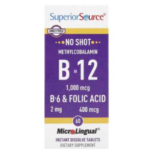 Superior Source Mecobalamina B-12 B-6 e Ácido Fólico 60 Comprimidos de Dissolução Instantânea MicroLingual®