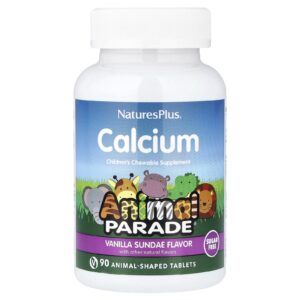 NaturesPlus Animal Parade® Suplemento Mastigável de Cálcio para Crianças Sundae de Baunilha 90 Comprimidos em Formato de Animais