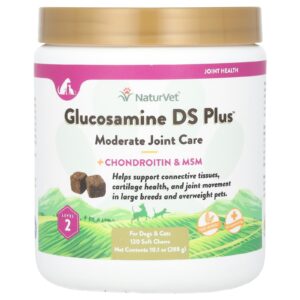 NaturVet Glicosamina DS Plus + Condroitina e MSM Para Cães e Gatos Nível 2 120 Cápsulas Mastigáveis 288 g (101 oz)