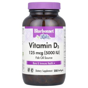 Bluebonnet Nutrition Vitamina D 3 5000 UI 250 cápsulas de softgel