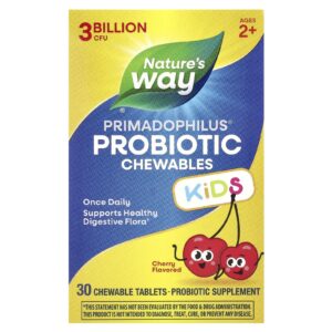 Natures Way Probiótico Primadophilus® para Crianças Mastigável A partir de 2 Anos de Idade Cereja 3 Bilhões de UFCs 30 Comprimidos Mastigáveis