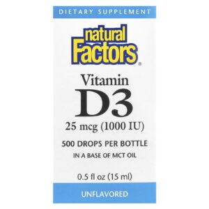 Natural Factors Gotas de Vitamina D3 Sem Sabor 25 mcg (1.000 UI) 15 ml (05 fl oz)