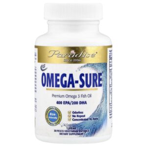 Paradise Herbs Omega Sure® Óleo de Peixe Ômega-3 Premium 1.000 mg 30 Cápsulas Softgel Vegetarianas da Pesco