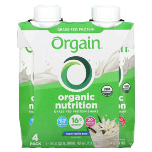 Orgain Nutrição Orgânica Shake Proteico Proveniente de Gado Criado no Pasto Fava de Baunilha Doce 4 Unidades 330 ml (11 fl oz) Cada