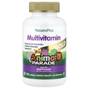 NaturesPlus Source of Life Animal Parade Gold Suplemento Multivitamínico e Mineral para Crianças Uva 120 Comprimidos em Forma de Animal