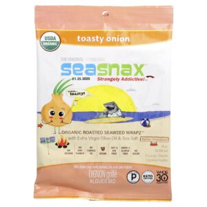 SeaSnax Wrapz de Algas Marinhas Orgânicas Assadas com Óleo de Oliva Extravirgem e Sal Marinho Cebola Torrada 5 Folhas Grandes 15 g (054 oz)