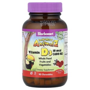 Bluebonnet Nutrition Rainforest Animalz Vitamina D3 Sabor Natural de Frutos Silvestres 400 UI 90 Comprimidos Mastigáveis