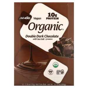 NuGo Nutrition Barras de Proteínas Orgânicas Chocolate Amargo Duplo com Sal Marinho 12 Barras 50 g (176 oz) Cada
