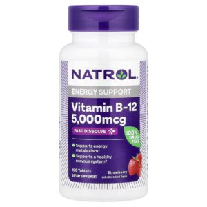 Natrol Vitamina B-12 Dissolução Rápida Potência Máxima Morango 5.000 mcg 100 Comprimidos