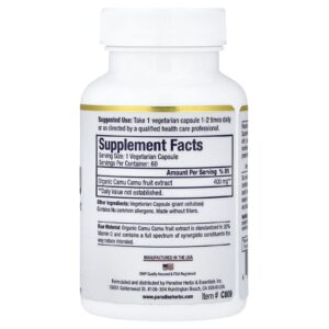 Paradise Herbs Extrato de Camu-camu 400 mg 60 Cápsulas Vegetarianas