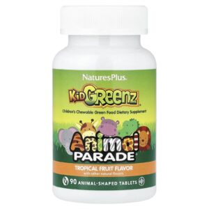 NaturesPlus Animal Parade® Kid Greenz® Suplemento Mastigável de Alimentos Verdes para Crianças Frutas Tropicais 90 Comprimidos em Formato de Animais