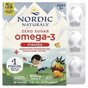 Nordic Naturals Omega-3 Fishies Zero Açúcar A Partir de 3 Anos de Idade Sabor de Tutti-Frutti 300 mg 36 Peixinhos