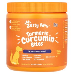 Zesty Paws Cúrcuma Curcumina para Cães Todas as Idades Sabor de Pato 90 Mastigáveis Macios