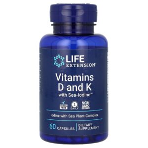 Life Extension Vitaminas D e K com Sea-Iodine 125 mcg (5.000 UI) 60 Cápsulas