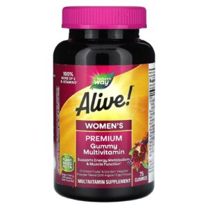 Natures Way Alive! Multivitamínico Premium em Gomas para Mulheres Uva Cereja Mirtilo e Açaí 75 Gomas