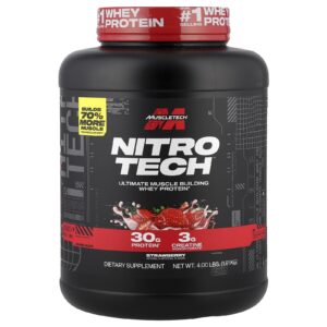 MuscleTech Performance Series Nitro Tech Fonte Primária de Peptídeos e Isolado de Whey Morango 181 kg (4 lb)