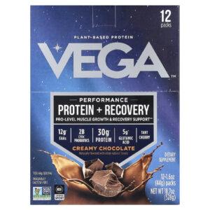 Vega Performance Proteína + Recuperação Chocolate Cremoso 12 Pacotes 44 g (16 oz) Cada