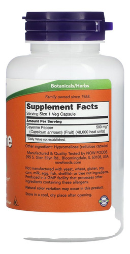 Now Foods Pimenta De Caiena 500mg 100 Vcaps - Imagem 2