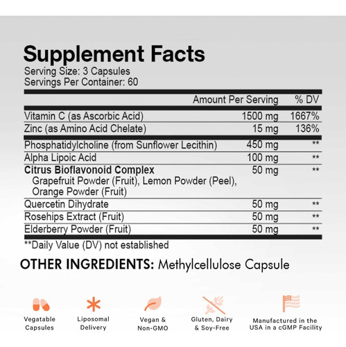 Codeage Liposomal Vitamin C 1500mg Com Zinco Sabugueiro... - Imagem 2