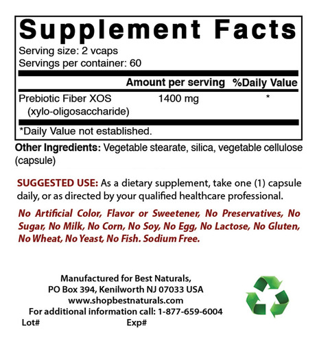Suplemento Best Naturals Prebiotics Fiber Xos 1400mg 120 Cáp - Imagem 2