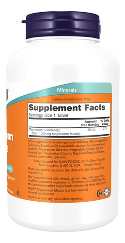 Suplemento Now Malato De Magnésio 1000 Mg 180 Comprimidos - Imagem 2