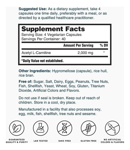Natures Lab Acetil L-carnitina 2.000 Mg 160 Cápsulas - Imagem 11