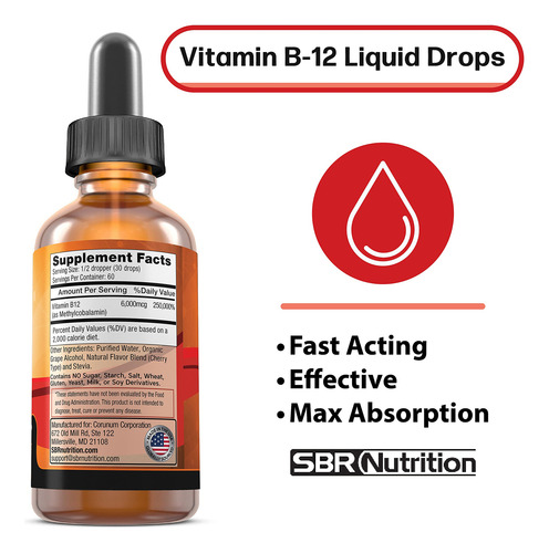 Gotas De Líquido Sublingual De Vitamina B12 Sbr Nutrition 60 - Imagem 2