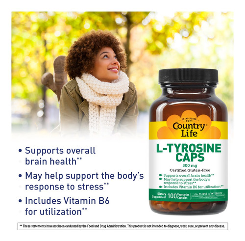 Suplemento Country Life L-tirosina 500 Mg Com Vitamina B6 10 - Imagem 2